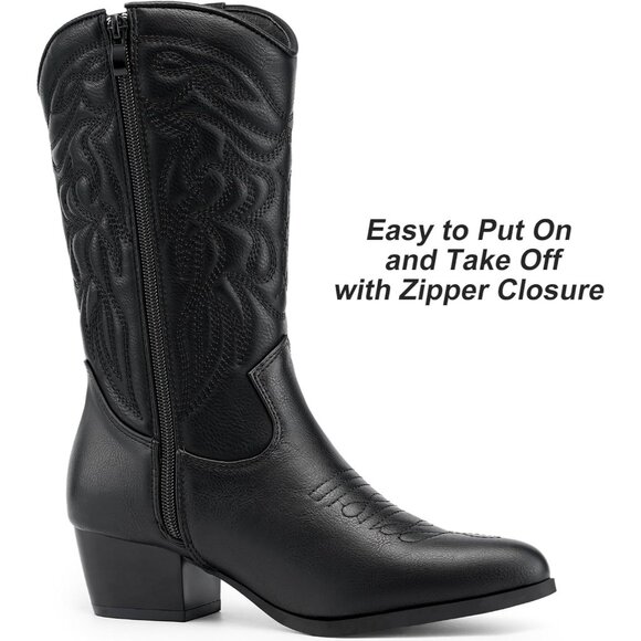Women's Black Western Cowgirl Pointed Toe Zipper Mid Calf Horse Riding Boots - Picture 2 of 6